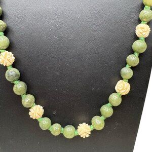 Vintage Double Knotted Green Jade & Carved Celluloid Rose Beaded Necklace 31"